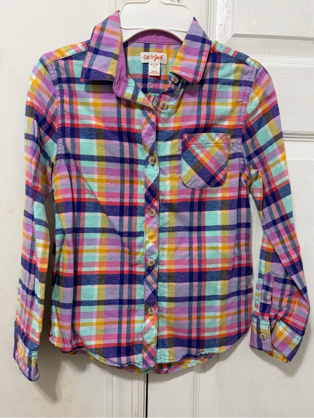 🎀 Cat & Jack Girls' Bright Plaid Button-Down Shirt Size M (7/8)